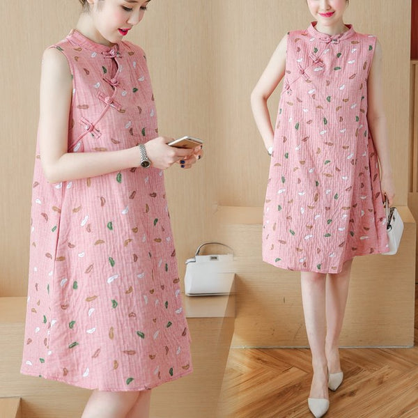 Plus size pink feather loose sleeveless dress cheongsam