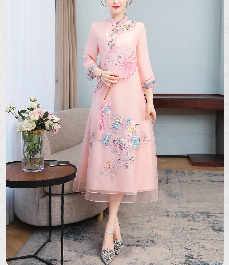 Plus size oriental embroidery mid sleeve midi dress cheongsam