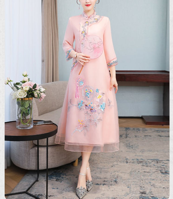 Plus size oriental embroidery mid sleeve midi dress cheongsam