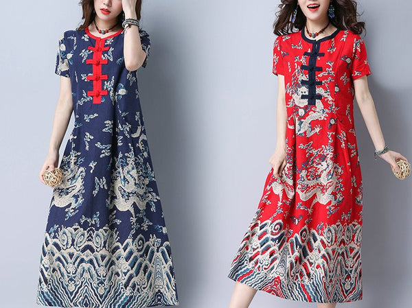 Plus size ethnic contrast buttons short sleeve midi dress cheongsam (Blue, Red)