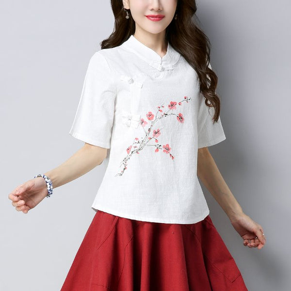 Plus size floral cheongsam short sleeve blouse (White, Pink)