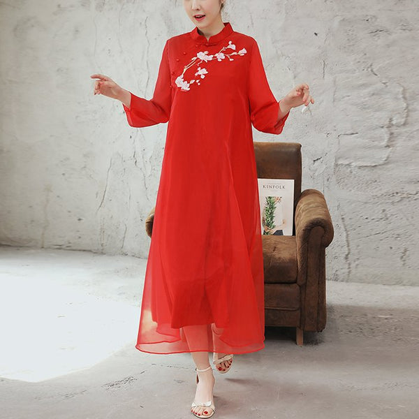 Plus size floral embroidery cheongsam organza mid sleeve dress (White, Red, Pink)