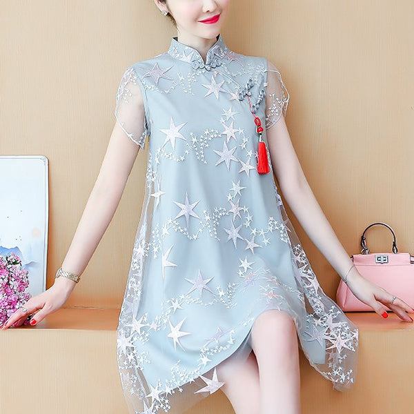 Plus size star lace cheongsam dress