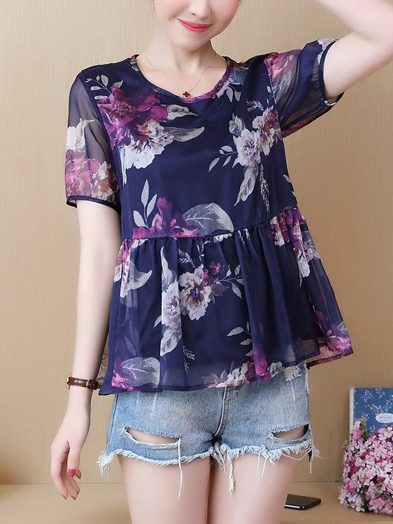 Plus Size Floral Chiffon Short Sleeve Top Babydoll