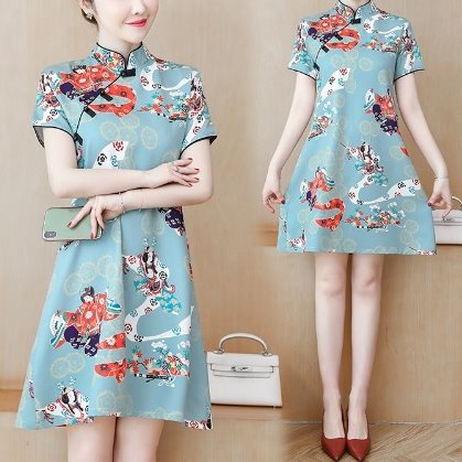 Plus size green japanese cheongsam short sleeve dress