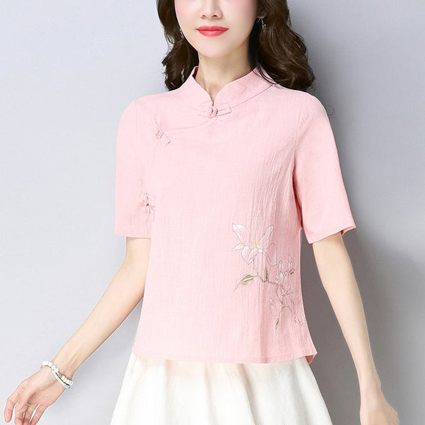 Plus size drawn floral cheongsam short sleeve blouse (White, Pink)