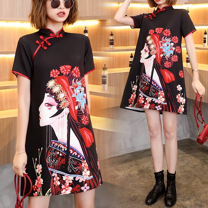Plus size black beautiful woman short sleeve dress cheongsam