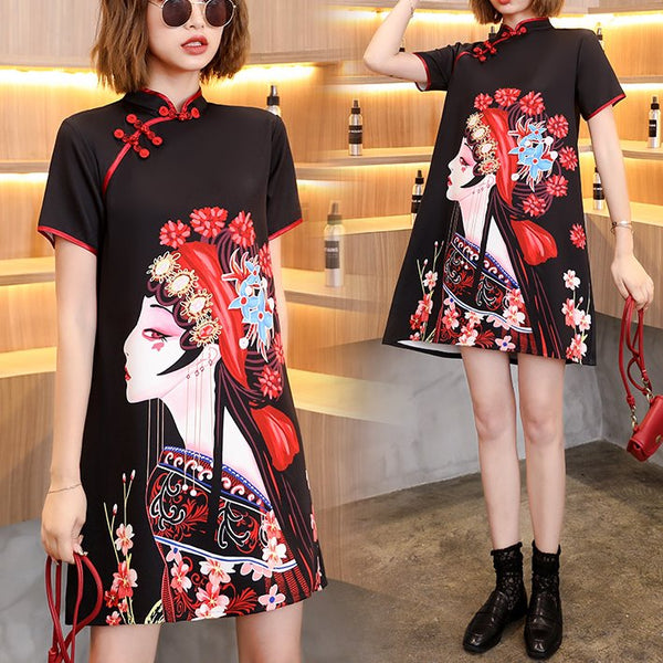 Plus size black beautiful woman short sleeve dress cheongsam