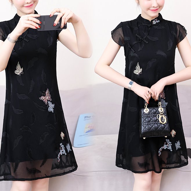 Plus size black lace butterfly cheongsam short sleeve dress