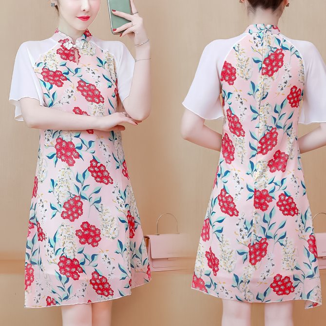 Plus size pink floral white sleeve flutter chiffon cheongsam short sleeve dress