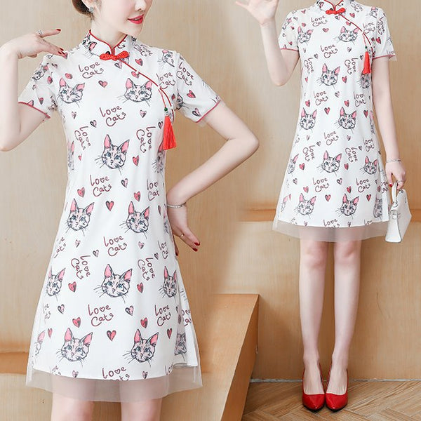 Plus size white cats tassel short sleeve dress cheongsam