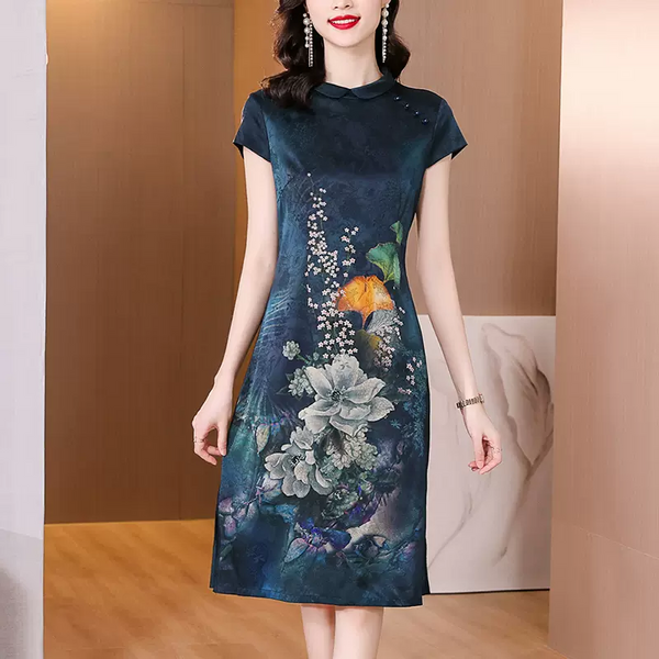(L-4XL) Plus Size Blue Formal Chinese Flower Oriental Dress
