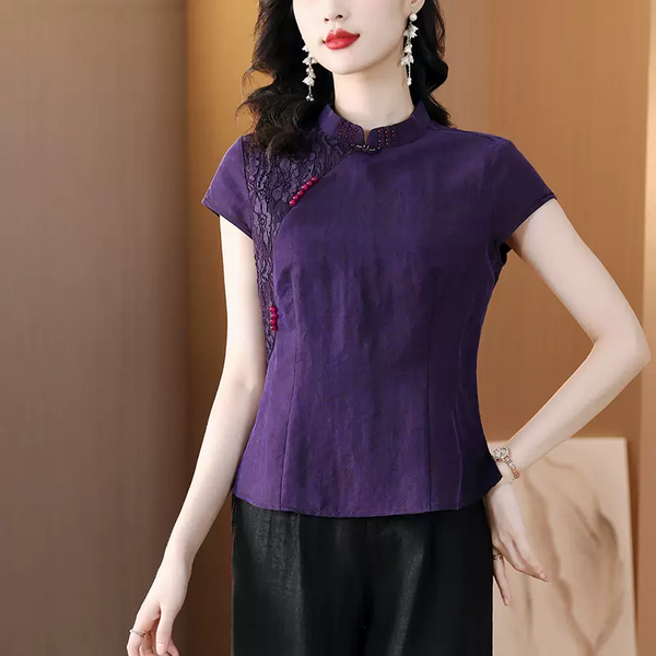 (L-4XL) Plus Size Fitted Qipao Short Sleeve Shirt Top