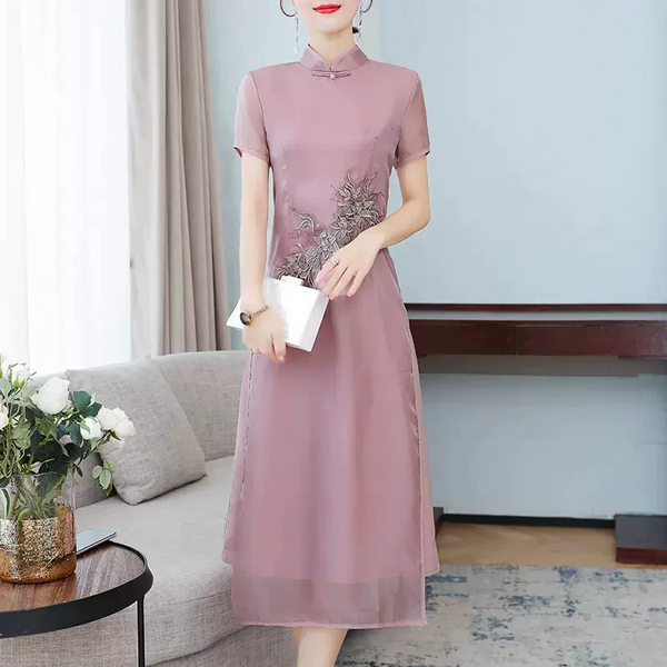 (L-4XL) Plus Size Pink Floral Embroidery Qipao Midi Dress