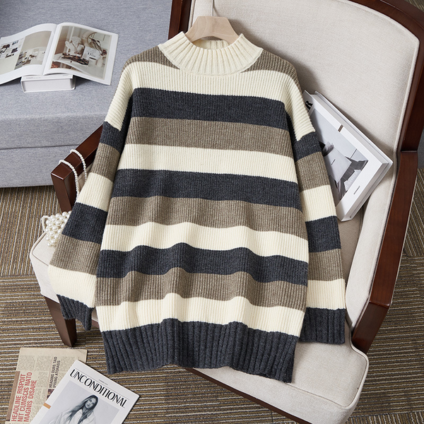 (L-4XL) Plus Size Stripes Turtleneck Winter Tunic Sweater (EXTRA BIG SIZE)