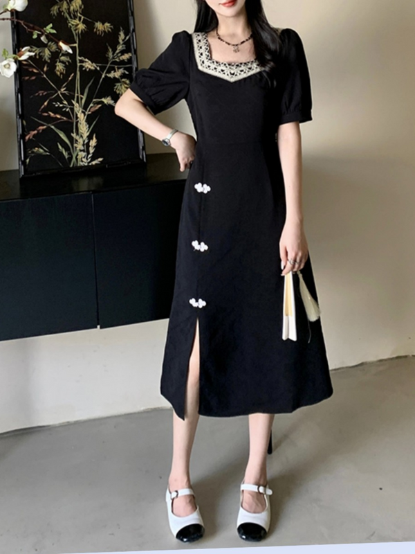 (L-4Xl) Plus Size Vintage Black Sweetheart Cheongsam Dress