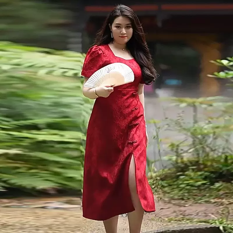 (L-5XL) Plus Size Cheongsam Slit Red Modern Dress