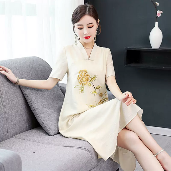 (M-3XL) Plus Size Chinese Flower Embroidery V Neck A Line Dress