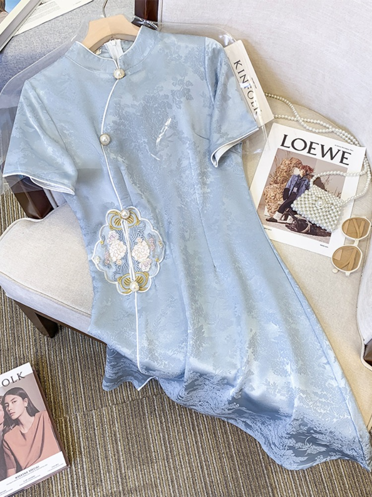(M-4Xl) Plus Size Blue Sheen Cheongsam Short Sleeve Cheongsam Dress