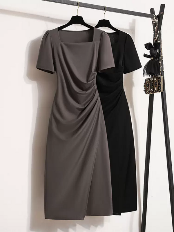 (M-4XL) Plus Size Fitted Square Neck Wrap Midi Dress