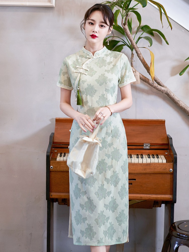 (M-4Xl) Plus Size Green Cheongsam Short Sleeve Cheongsam Midi Dress