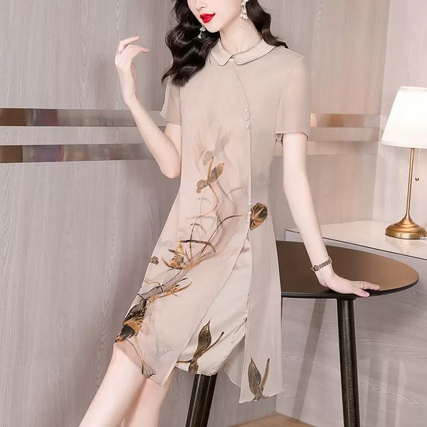 (M-4XL) Plus Size Oriental Beige Chiffon Dress