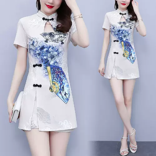 (M-4XL) Plus Size Oriental Fan Tunic Qipao Blouse and Shorts Set