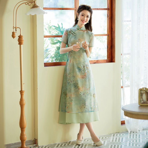 (M-4Xl) Plus Size Oriental Floral Chiffon Qipao Midi Dress