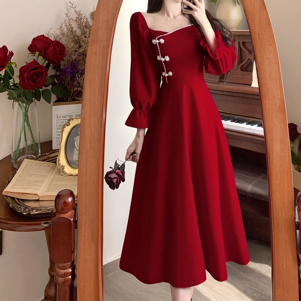 (M-4Xl) Plus Size Red Cheongsam Long Sleeve Midi Dress