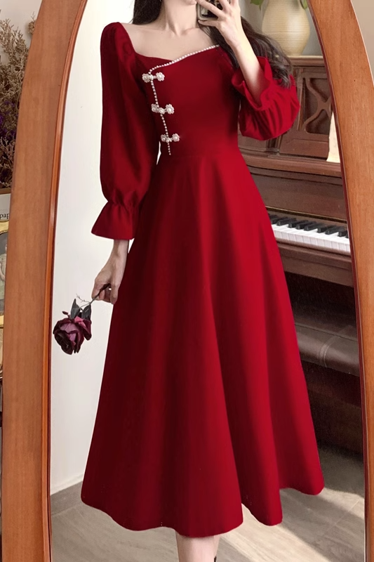 M-4Xl) Plus Size Red Cheongsam Long Sleeve Midi Dress – Pluspreorder