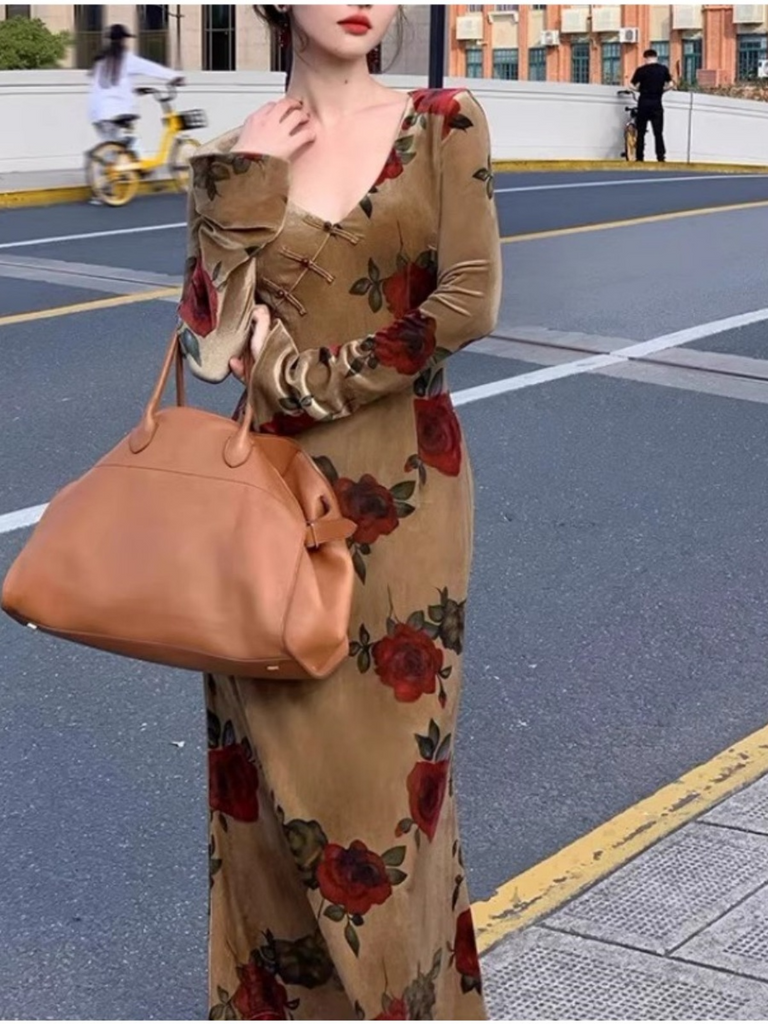 (M-4Xl) Plus Size Rose Vintage Cheongsam Long Sleeve Maxi Dress