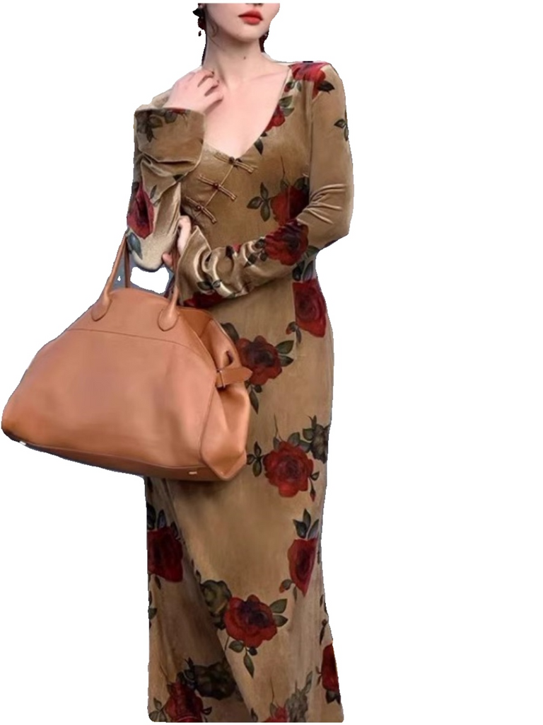4xl maxi dress for women M-4Xl) Plus Size Rose Vintage Cheongsam Long Sleeve Maxi Dress –  Pluspreorder