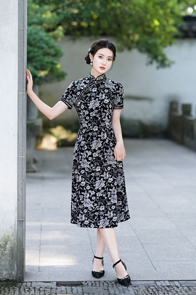 M 5Xl Plus Size Black Floral Modern Qipao Dress Pluspreorder