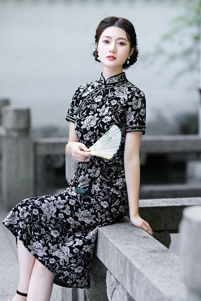 M-5Xl) Plus Size Black Floral Modern Qipao Dress – Pluspreorder