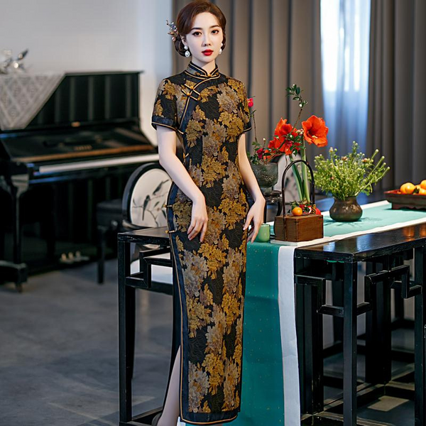 (M-5Xl) Plus Size Gold Peonies Flower Cheongsam Gown (Suitable For Mother Of The Bride / Groom)