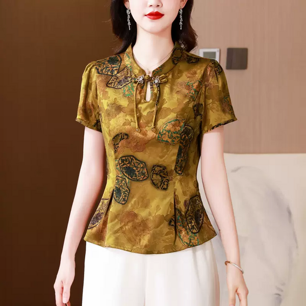 (M-5XL) Plus Size Gold Peplum Qipao Top