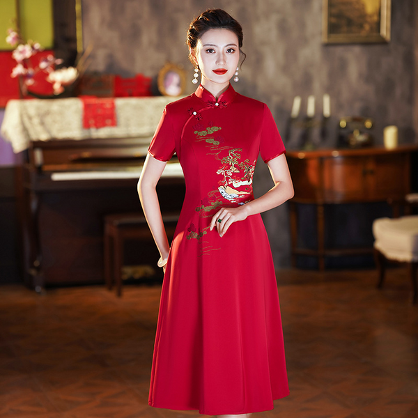 (M-5Xl) Plus Size Oriental Embroidery Red A Line Cheongsam Dress (Suitable For Mother Of The Bride / Groom)