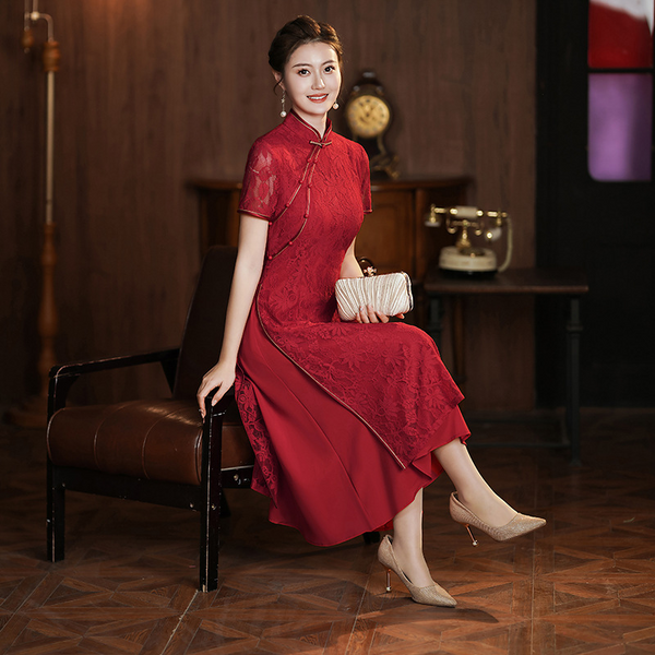(M-5Xl) Plus Size Red Lace A Line Cheongsam Evening Dress (Suitable For Mother Of The Bride / Groom)