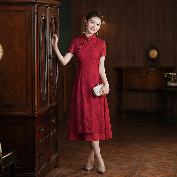 (M-5Xl) Plus Size Red Lace A Line Cheongsam Evening Dress (Suitable For Mother Of The Bride / Groom)