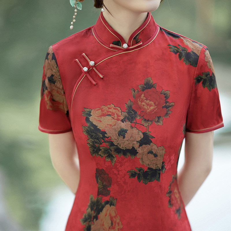 M-5Xl) Plus Size Satin Surface Red Oriental Qipao Dress  Pluspreorder