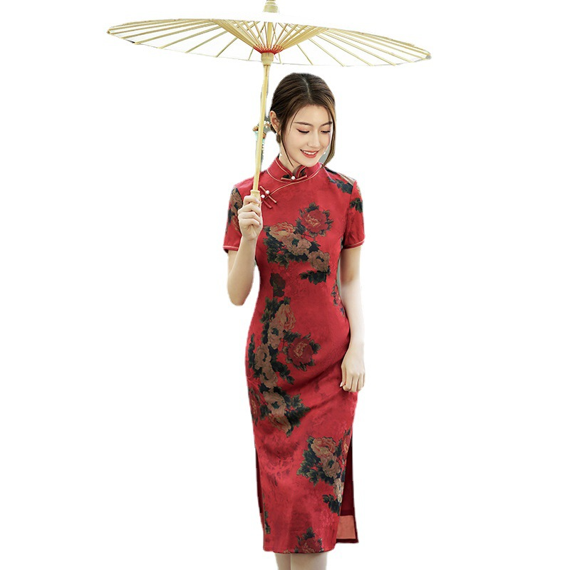 strapless open back dress M-5Xl) Plus Size Satin Surface Red Oriental Qipao Dress – Pluspreorder