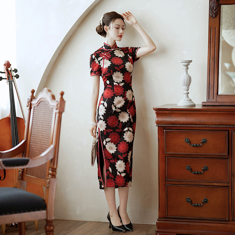 (M-5Xl) Plus Size Stretchy Floral Cheongsam Dress (Suitable For Mother Of The Bride / Groom)