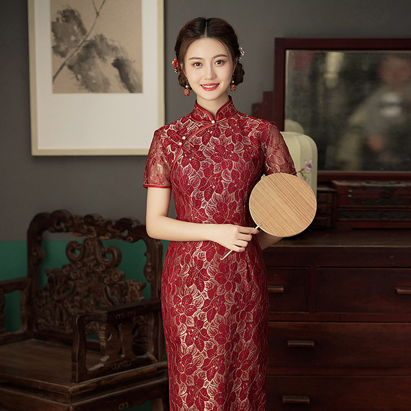 (M-5Xl) Plus Size Vintage Floral Lace Gold Qipao Dress