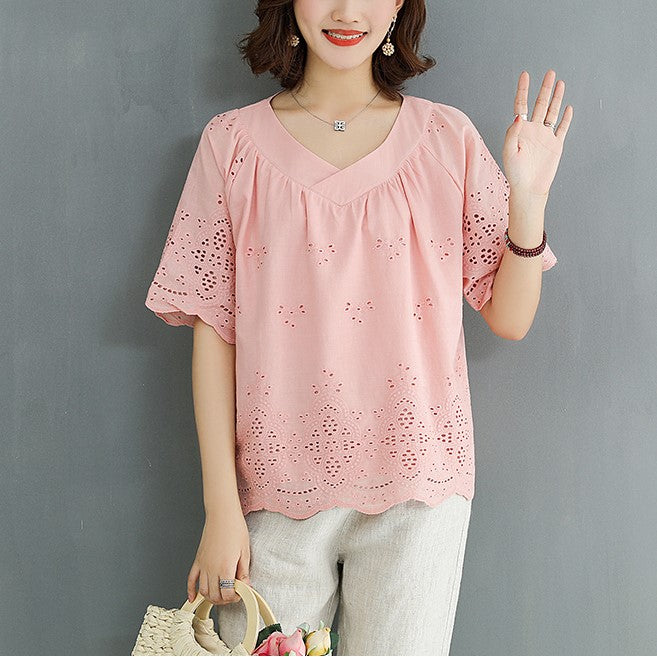 Plus Size Crochet Lace V Neck Short Sleeve Top (EXTRA BIG SIZE)