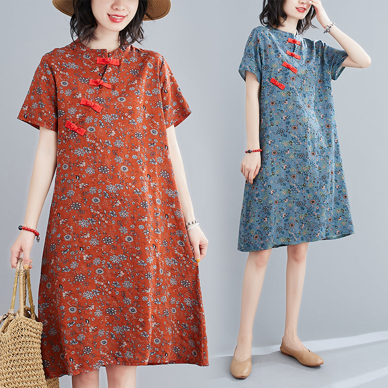 Plus Size Casual Orange Floral Cheongsam Short Sleeve Dress