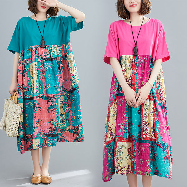 Plus Size Ethnic Colourblock Short Sleeve Midi Dress