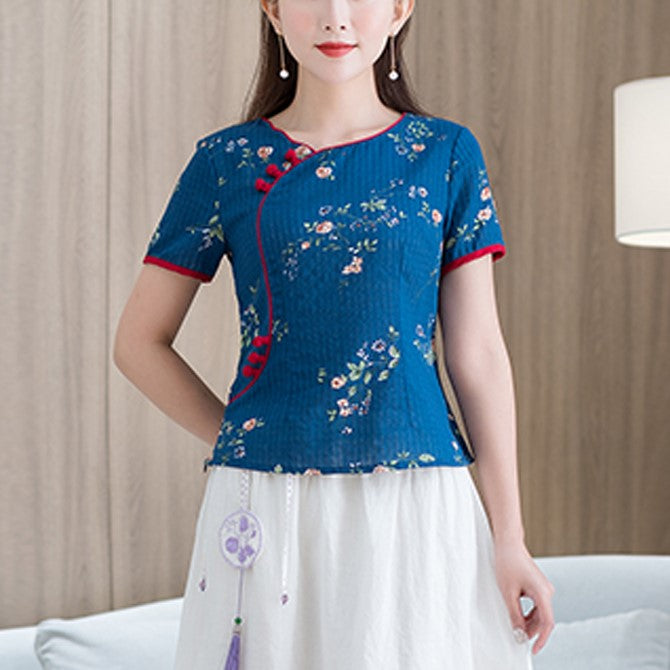 Plus Size Red Buttons Floral Cheongsam Short Sleeve Top