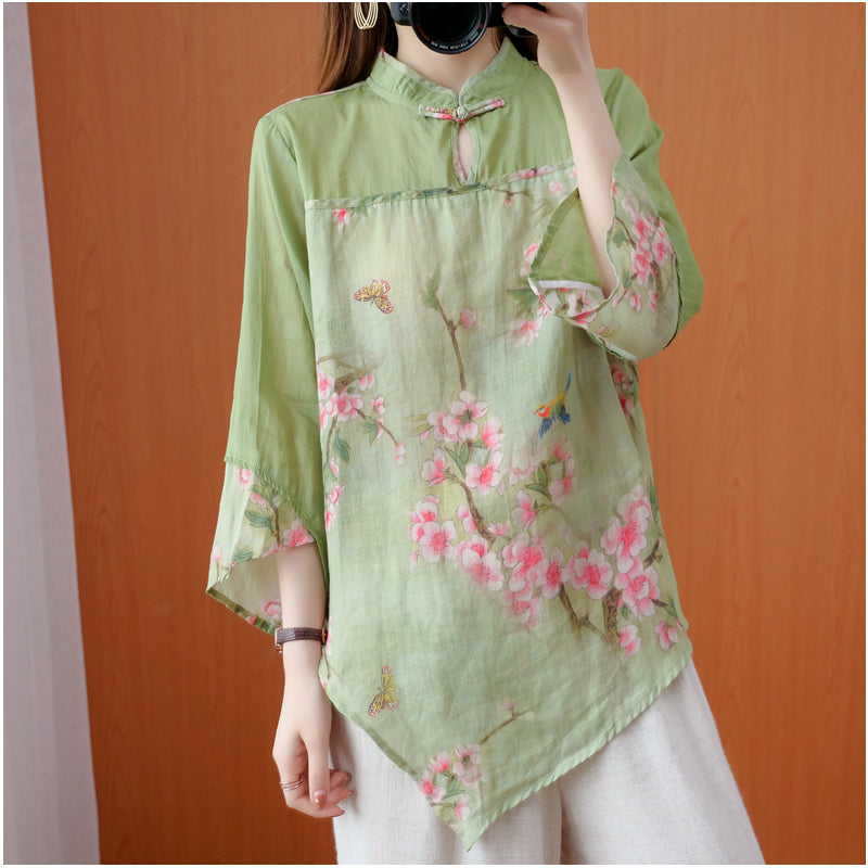 Plus Size Green Sakura Modern Cheongsam Short Sleeve Top