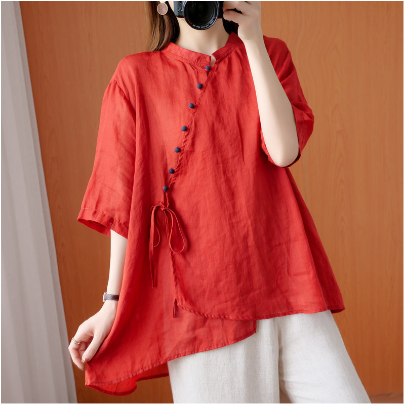 Plus Size Modern Red Cheongsam Short Sleeve Top
