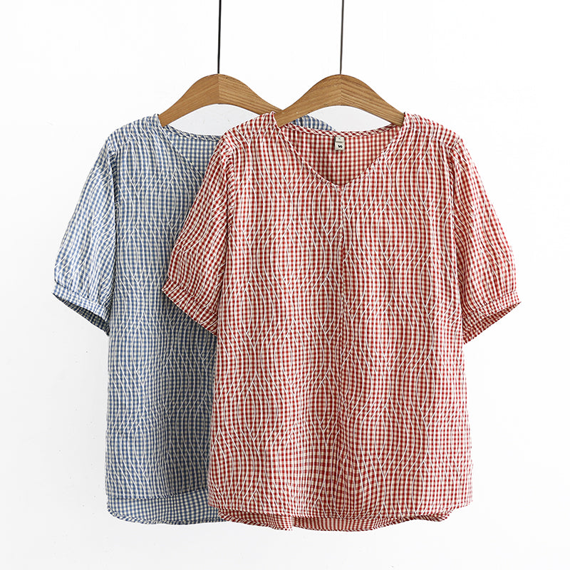 Plus Size Waves Gingham Short Sleeve Top (EXTRA BIG SIZE)